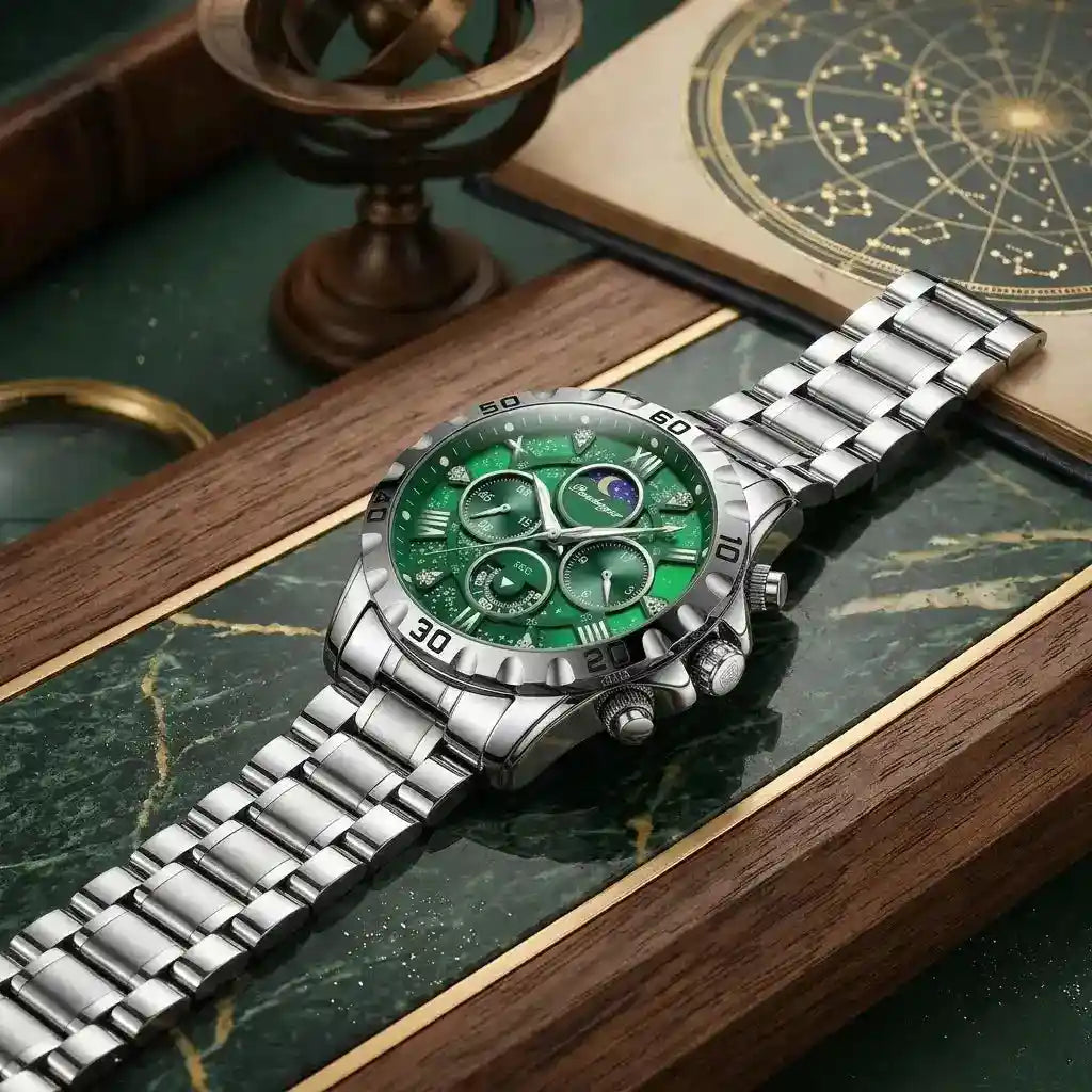 Relogio Quartzo Masculino Lunaris Green deitado sobre superfície plana 