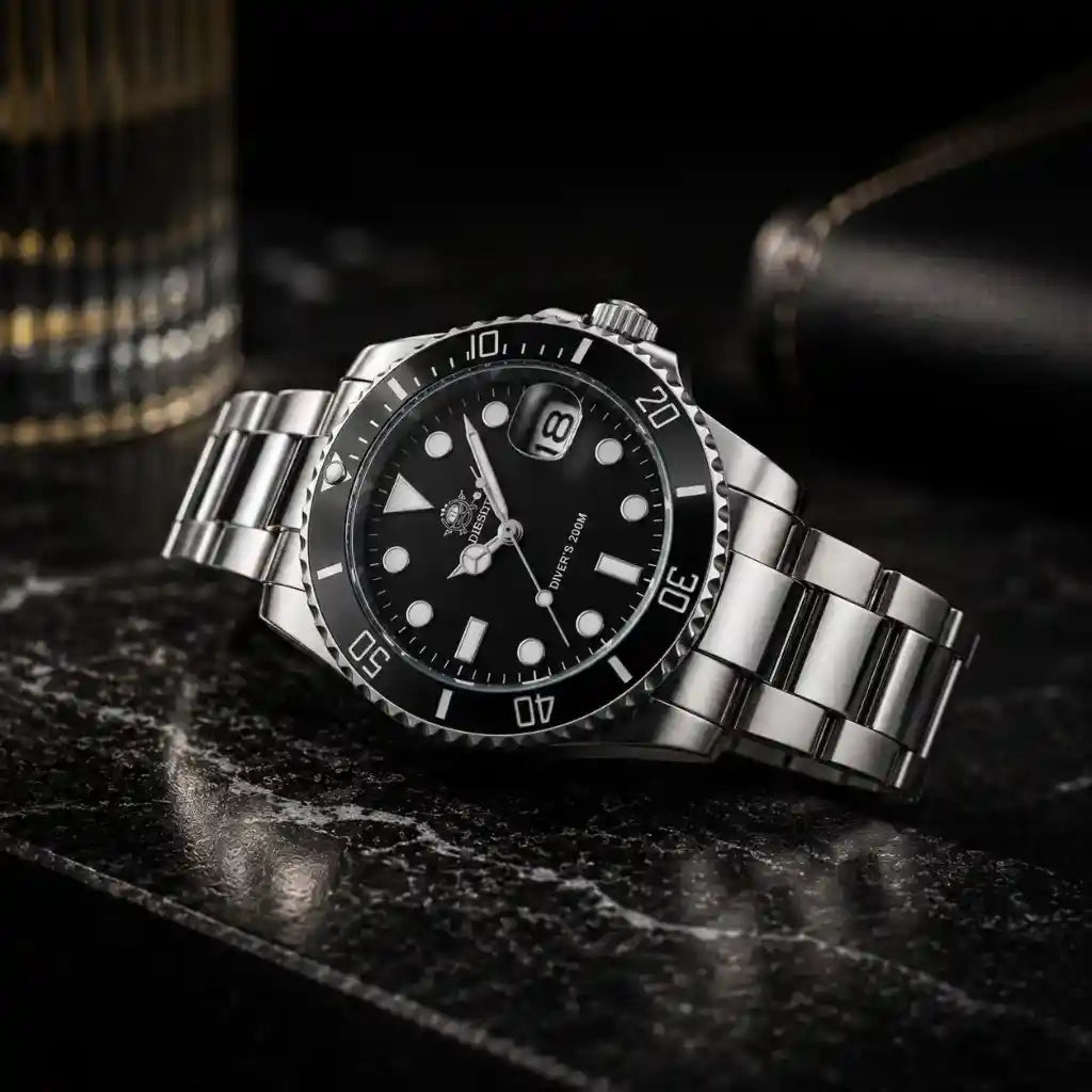 Relogio Quartzo Masculino Nautex Black em visão geral completa exibindo mostrador preto pulseira e caixa em aço inoxidável