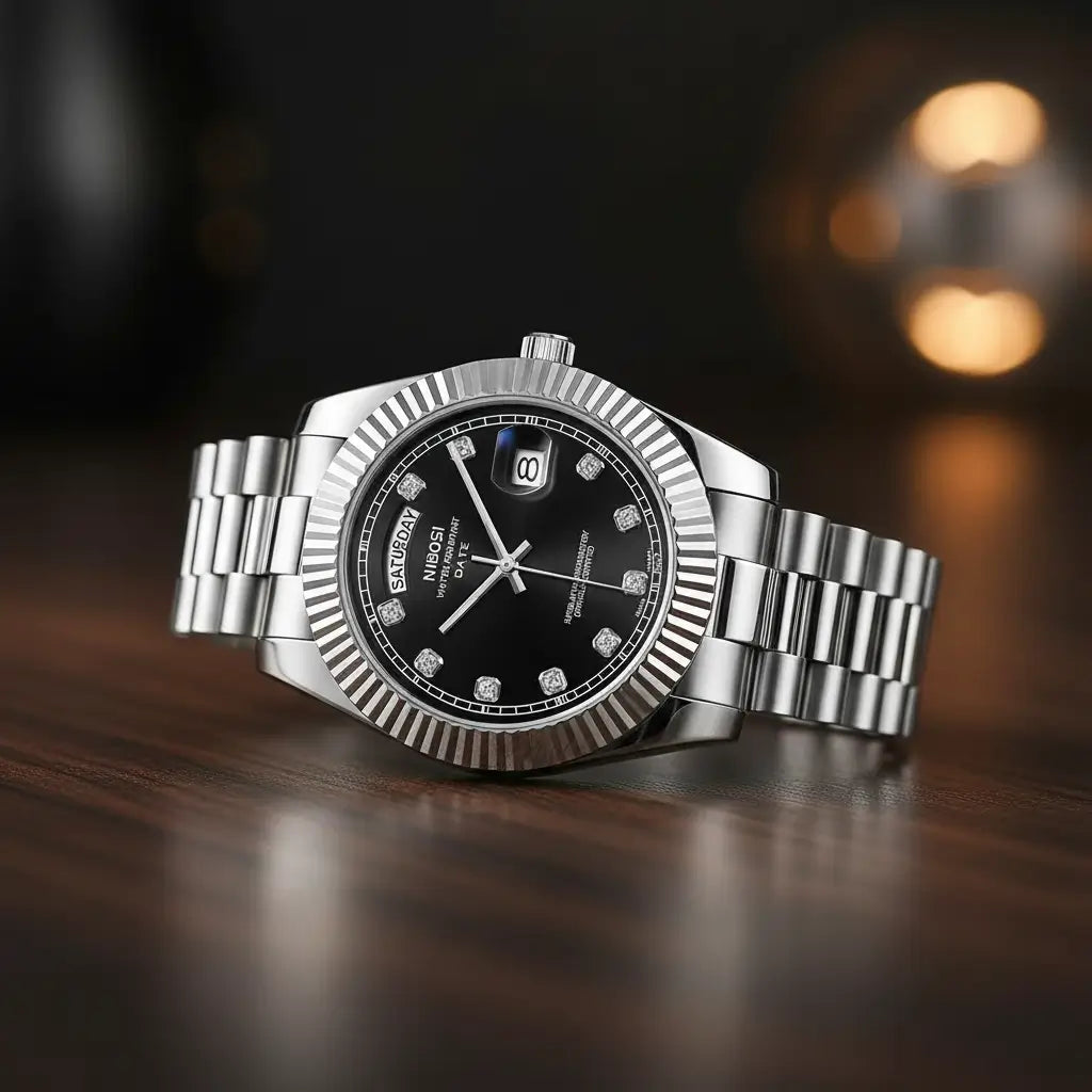 Relógio Quartzo Silver Date Black Lateral sobre uma mesa de madeira 