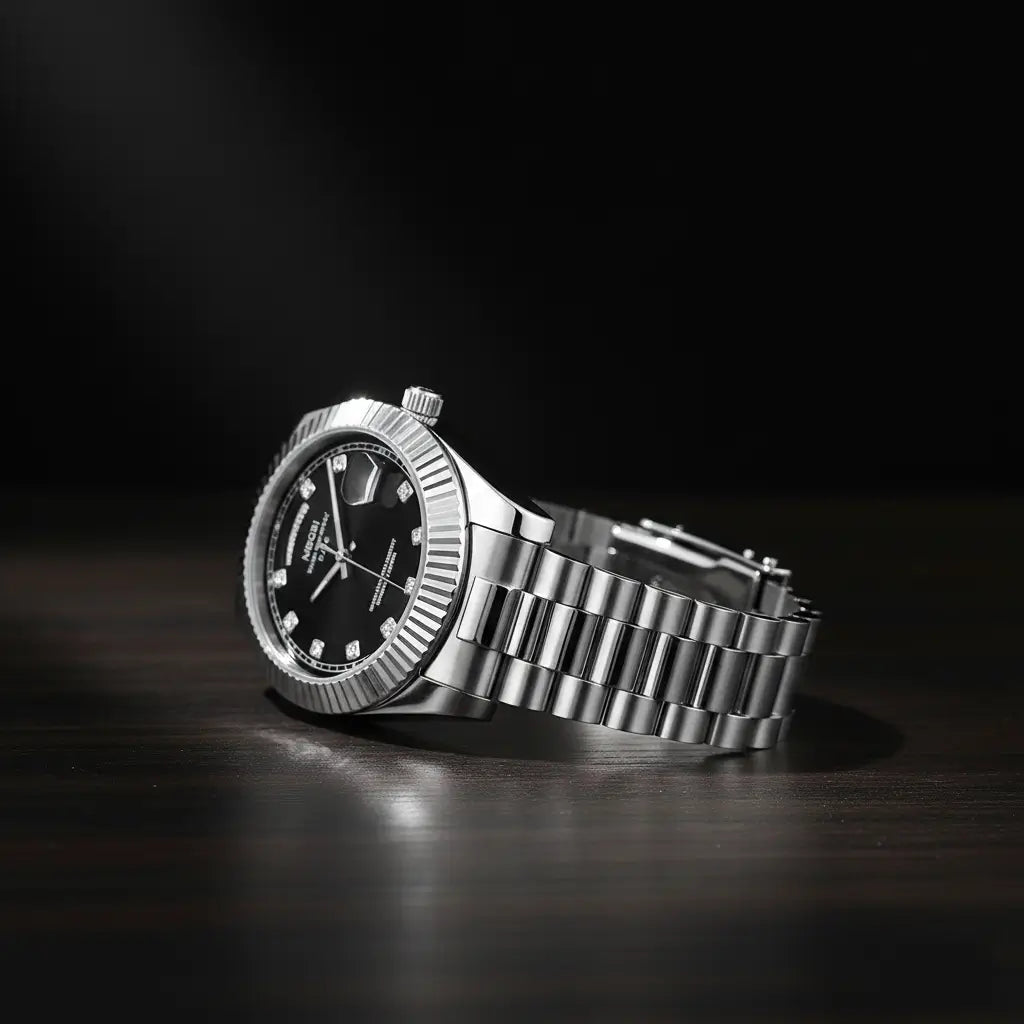 Relógio Quartzo Silver Date Black encima de uma mesa mostrando detalhes da pulseira 