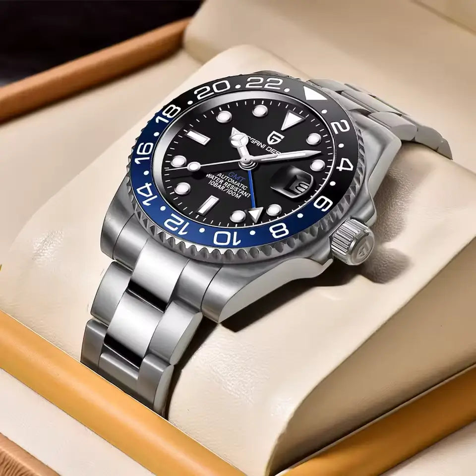 Relógio Automático Kronos Black Blue dentro de uma caixa virado de lado