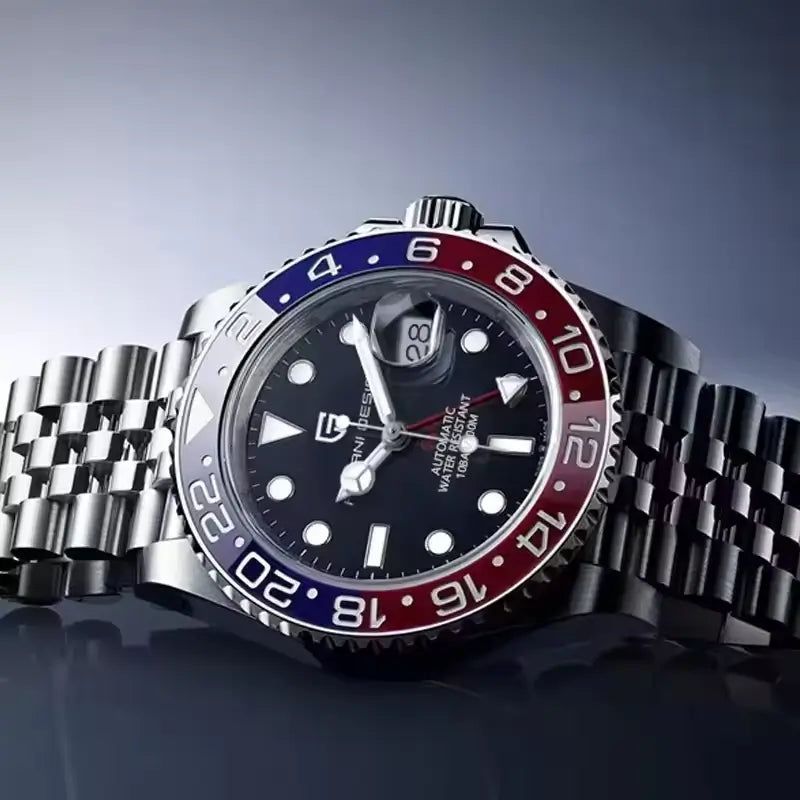 Relógio Automático Kronos Blue Red Lateral focando no acabamento 