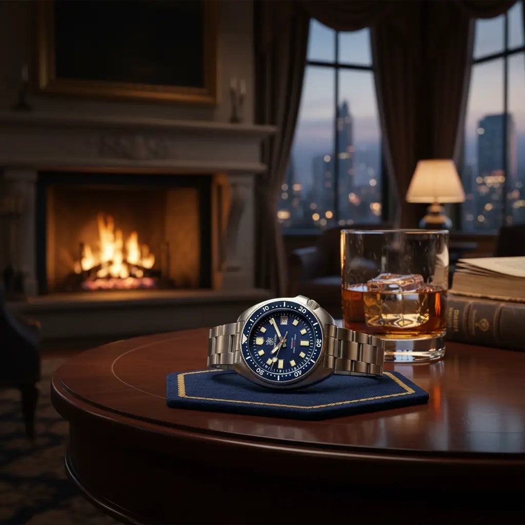 Relógio automático marinor blue lateral sobre uma mesa de madeira 