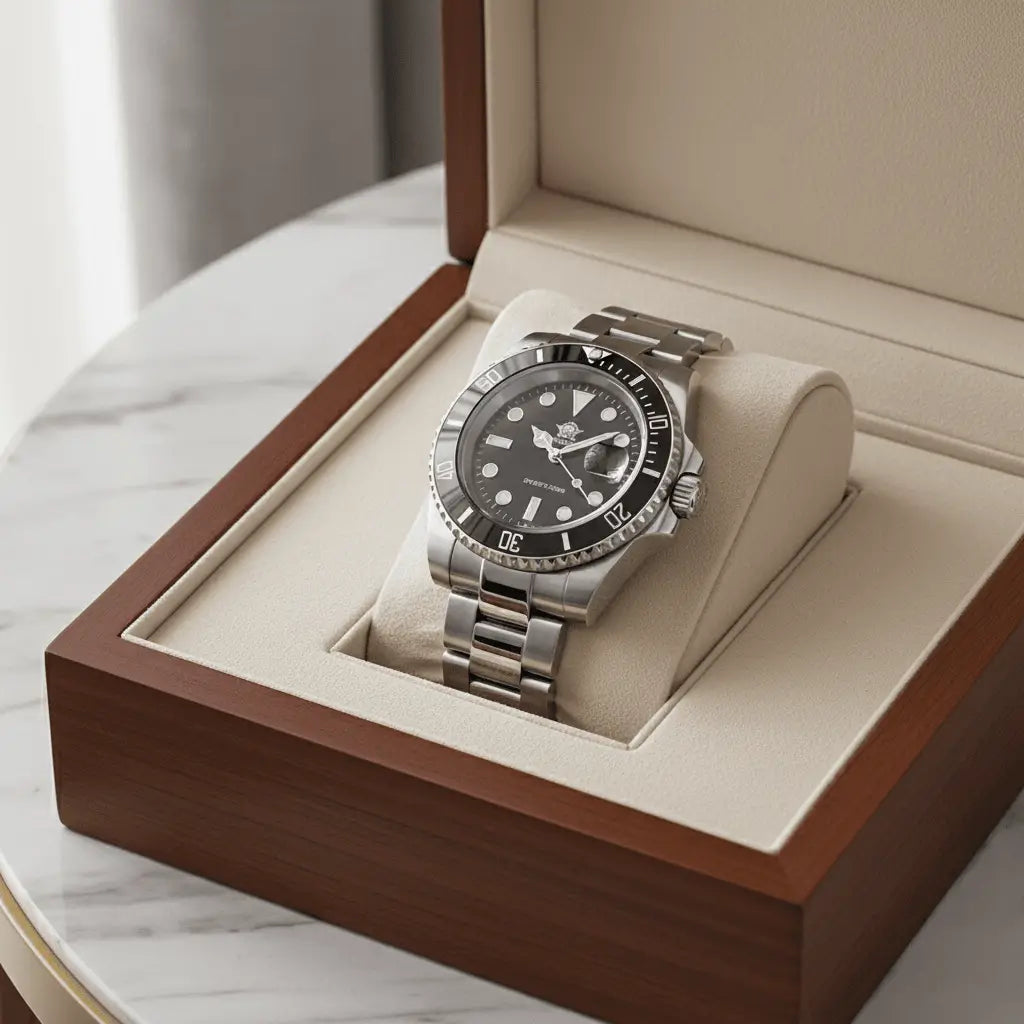 Relógio quartzo nautex black sobre a mesa com  caixa personalizada 