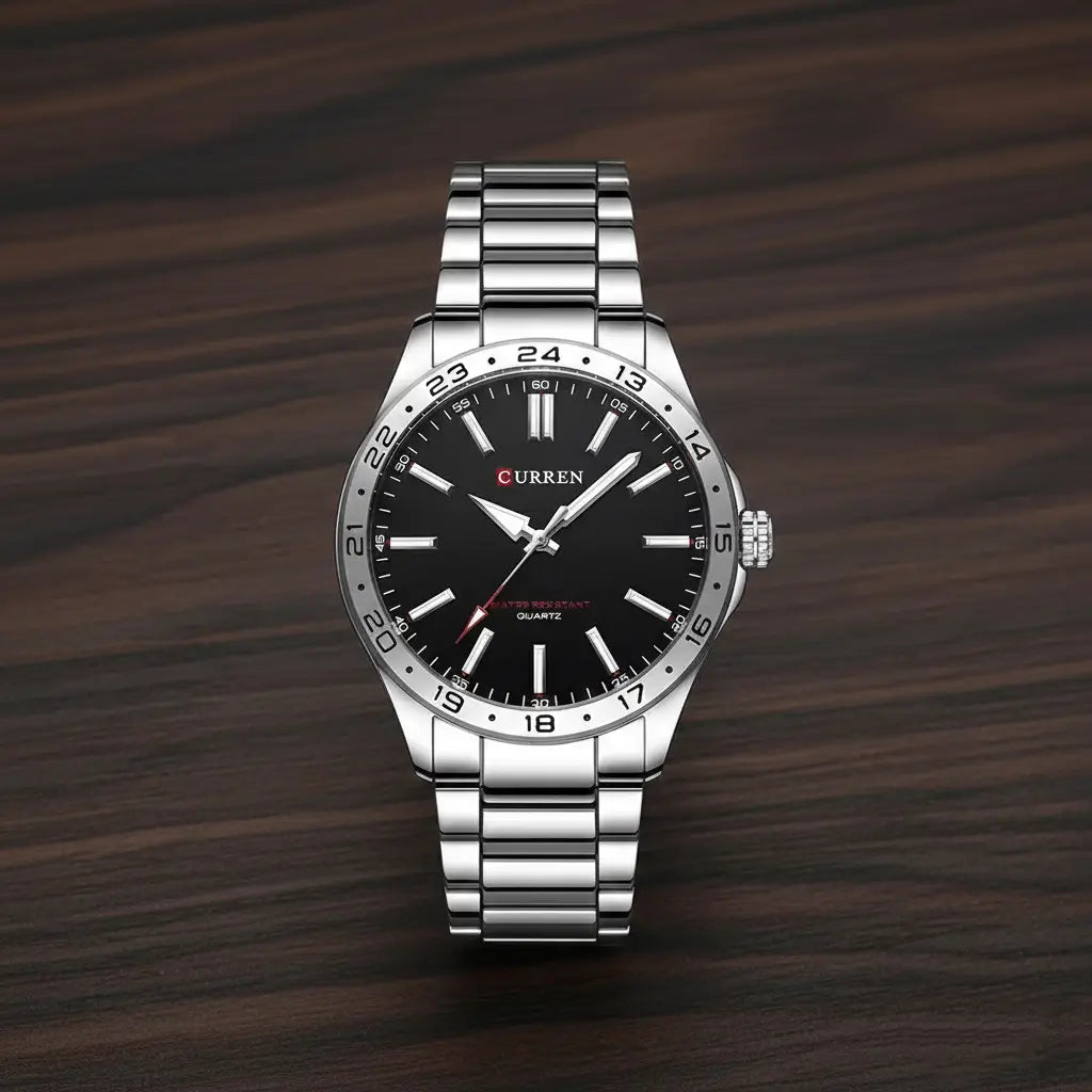 Relógio quartzo very black de frente em pé sobre uma mesa de madeira 