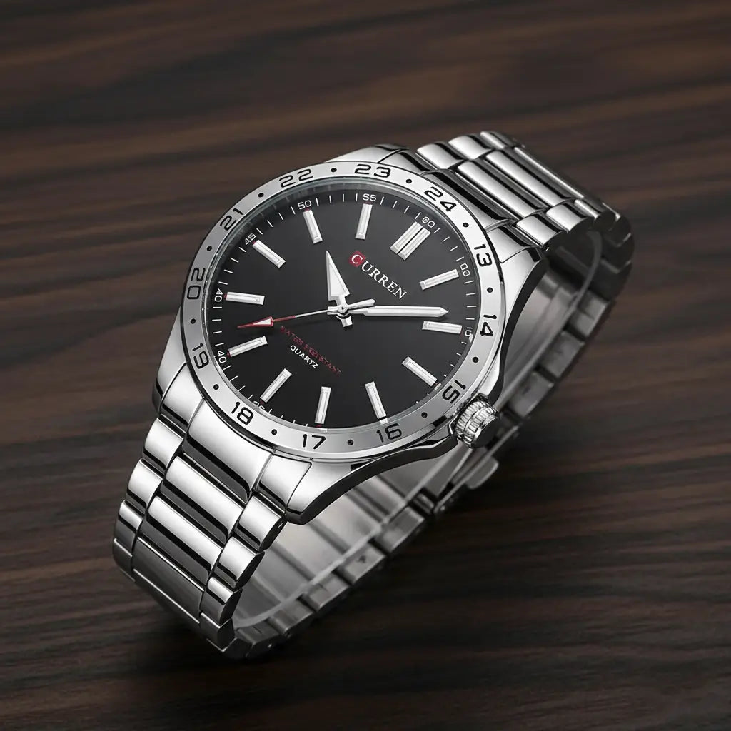 Relógio quartzo very black de lado sobre uma mesa de madeira 